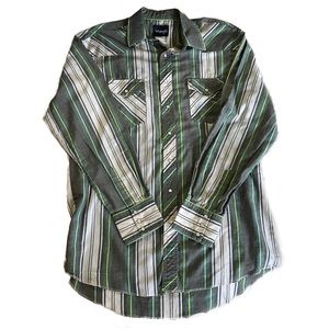 Vintage 80s Wrangler Green/White Long Sleeve Vertical Striped Pearl Snap Shirt L